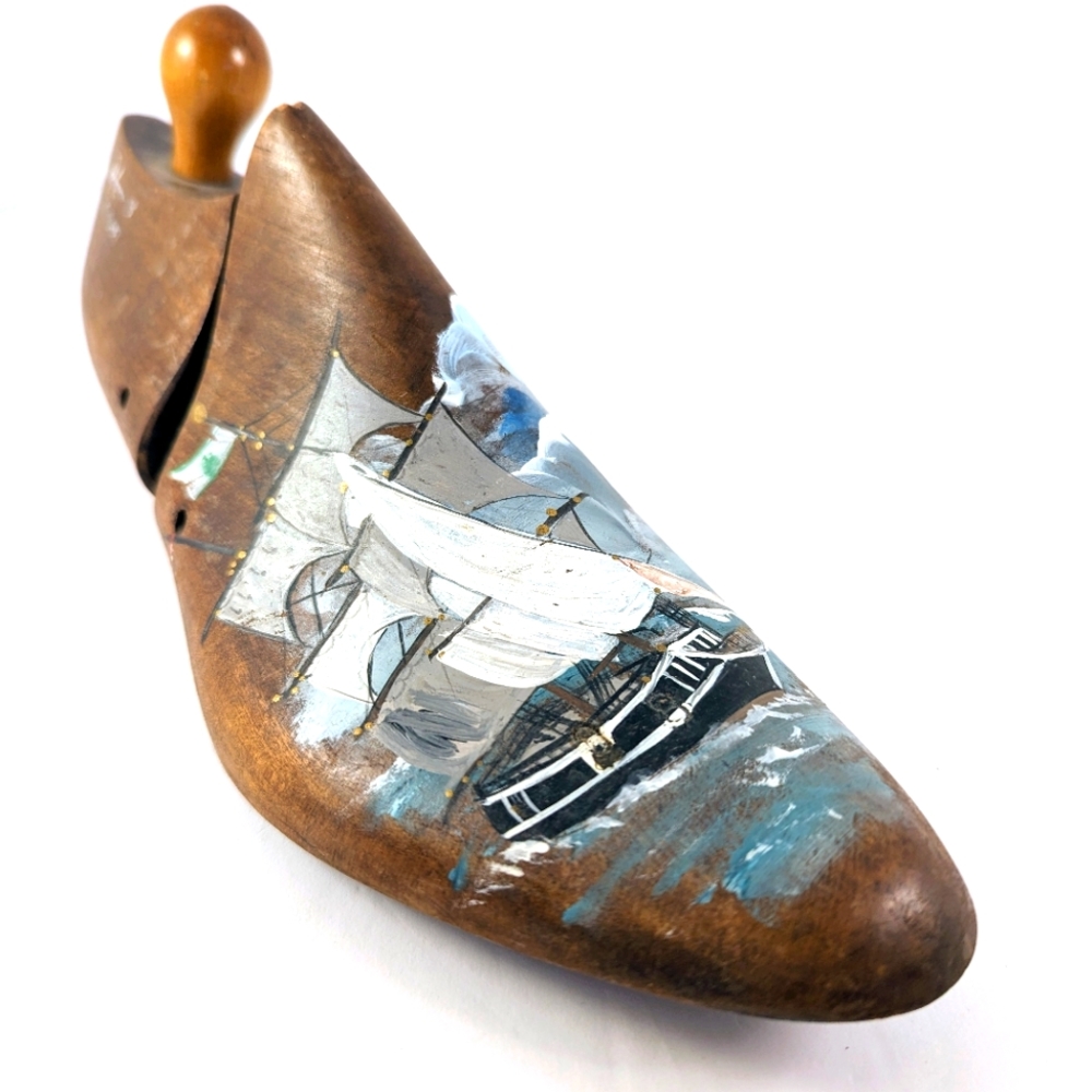 Vintage Hand Painted Sailboat on Antique Wooden Shoe Form 10 1/2" L x 3 3/4" W